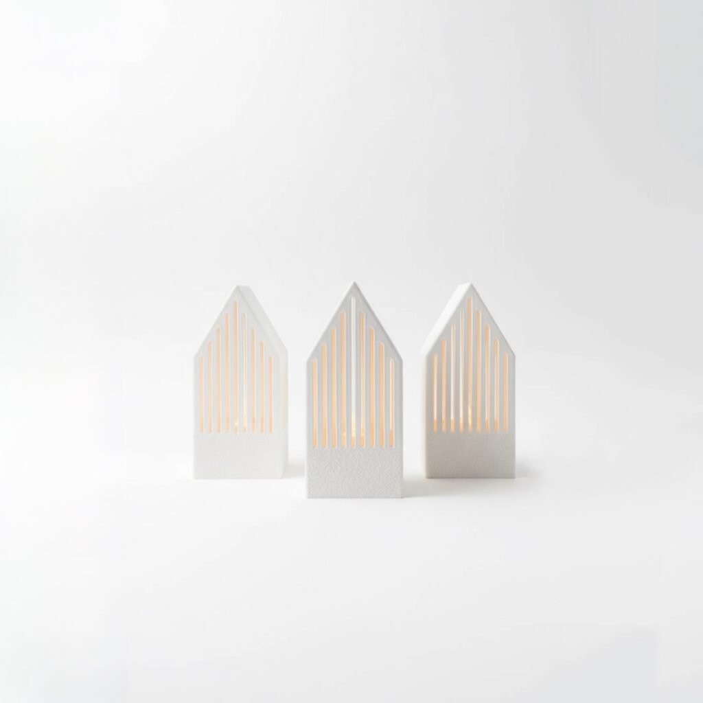 Trzy domki dekoracyjne, migoczące LED - białe